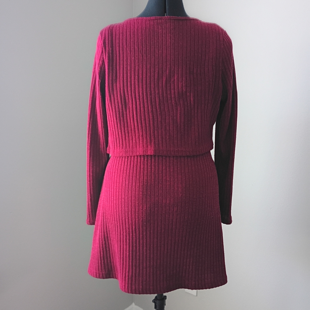 SHEIN Burgundy Ribbed Knit Mini Dress with Cropped Cardigan - Picture 3 of 9